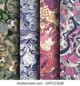 Set of tracery colorful seamless patterns. Vertical stripes. Curved doodling backgrounds for textile or printing with mehndi and ethnic motives. Vector