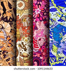 Set of tracery colorful seamless patterns. Vertical stripes. Curved doodling backgrounds for textile or printing with mehndi and ethnic motives. Vector