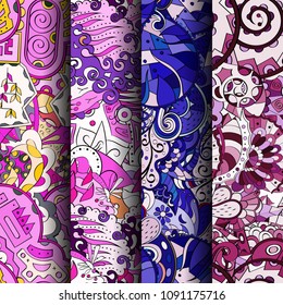 Set of tracery colorful seamless patterns. Vertical stripes. Curved doodling backgrounds for textile or printing with mehndi and ethnic motives. Vector