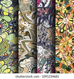 Set of tracery colorful seamless patterns. Vertical stripes. Curved doodling backgrounds for textile or printing with mehndi and ethnic motives. Vector