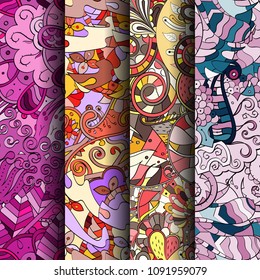 Set of tracery colorful seamless patterns. Vertical stripes. Curved doodling backgrounds for textile or printing with mehndi and ethnic motives. Vector
