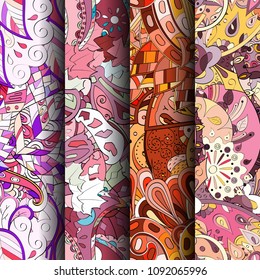 Set of tracery colorful seamless patterns. Vertical stripes. Curved doodling backgrounds for textile or printing with mehndi and ethnic motives. Vector