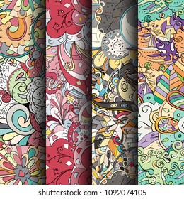 Set of tracery colorful seamless patterns. Vertical stripes. Curved doodling backgrounds for textile or printing with mehndi and ethnic motives. Vector