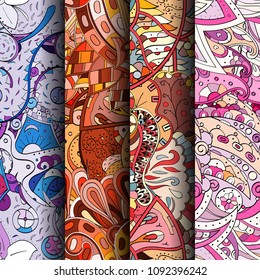 Set of tracery colorful seamless patterns. Vertical stripes. Curved doodling backgrounds for textile or printing with mehndi and ethnic motives. Vector
