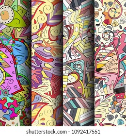 Set of tracery colorful seamless patterns. Vertical stripes. Curved doodling backgrounds for textile or printing with mehndi and ethnic motives. Vector