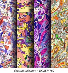 Set of tracery colorful seamless patterns. Vertical stripes. Curved doodling backgrounds for textile or printing with mehndi and ethnic motives. Vector