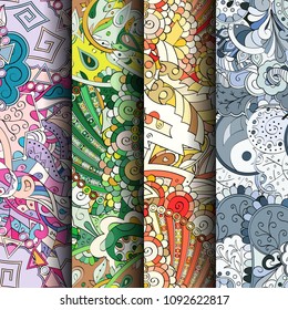 Set of tracery colorful seamless patterns. Vertical stripes. Curved doodling backgrounds for textile or printing with mehndi and ethnic motives. Vector