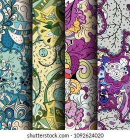 Set of tracery colorful seamless patterns. Vertical stripes. Curved doodling backgrounds for textile or printing with mehndi and ethnic motives. Vector