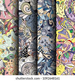 Set of tracery colorful seamless patterns. Vertical stripes. Curved doodling backgrounds for textile or printing with mehndi and ethnic motives. Vector