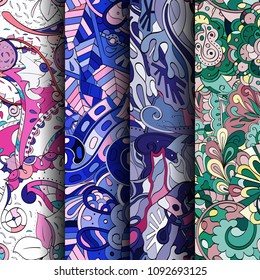 Set of tracery colorful seamless patterns. Vertical stripes. Curved doodling backgrounds for textile or printing with mehndi and ethnic motives. Vector