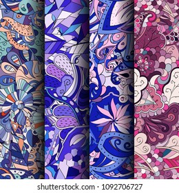 Set of tracery colorful seamless patterns. Vertical stripes. Curved doodling backgrounds for textile or printing with mehndi and ethnic motives. Vector
