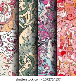 Set of tracery colorful seamless patterns. Vertical stripes. Curved doodling backgrounds for textile or printing with mehndi and ethnic motives. Vector