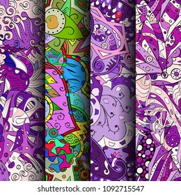 Set of tracery colorful seamless patterns. Vertical stripes. Curved doodling backgrounds for textile or printing with mehndi and ethnic motives. Vector