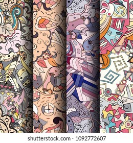 Set of tracery colorful seamless patterns. Vertical stripes. Curved doodling backgrounds for textile or printing with mehndi and ethnic motives. Vector