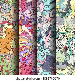 Set of tracery colorful seamless patterns. Vertical stripes. Curved doodling backgrounds for textile or printing with mehndi and ethnic motives. Vector