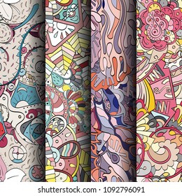 Set of tracery colorful seamless patterns. Vertical stripes. Curved doodling backgrounds for textile or printing with mehndi and ethnic motives. Vector