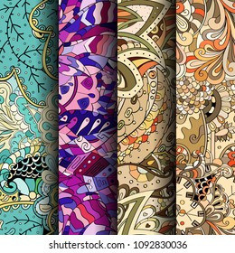 Set of tracery colorful seamless patterns. Vertical stripes. Curved doodling backgrounds for textile or printing with mehndi and ethnic motives. Vector