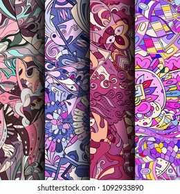 Set of tracery colorful seamless patterns. Vertical stripes. Curved doodling backgrounds for textile or printing with mehndi and ethnic motives. Vector