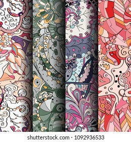 Set of tracery colorful seamless patterns. Vertical stripes. Curved doodling backgrounds for textile or printing with mehndi and ethnic motives. Vector