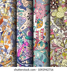 Set of tracery colorful seamless patterns. Vertical stripes. Curved doodling backgrounds for textile or printing with mehndi and ethnic motives. Vector