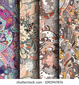 Set of tracery colorful seamless patterns. Vertical stripes. Curved doodling backgrounds for textile or printing with mehndi and ethnic motives. Vector