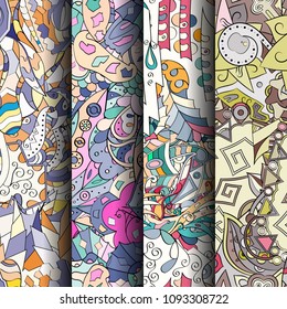 Set of tracery colorful seamless patterns. Vertical stripes. Curved doodling backgrounds for textile or printing with mehndi and ethnic motives. Vector