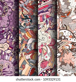 Set of tracery colorful seamless patterns. Vertical stripes. Curved doodling backgrounds for textile or printing with mehndi and ethnic motives. Vector