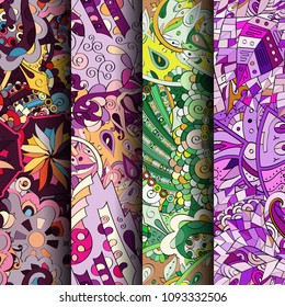 Set of tracery colorful seamless patterns. Vertical stripes. Curved doodling backgrounds for textile or printing with mehndi and ethnic motives. Vector