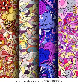 Set of tracery colorful seamless patterns. Vertical stripes. Curved doodling backgrounds for textile or printing with mehndi and ethnic motives. Vector