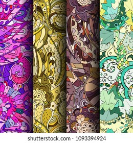Set of tracery colorful seamless patterns. Vertical stripes. Curved doodling backgrounds for textile or printing with mehndi and ethnic motives. Vector