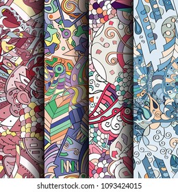 Set of tracery colorful seamless patterns. Vertical stripes. Curved doodling backgrounds for textile or printing with mehndi and ethnic motives. Vector