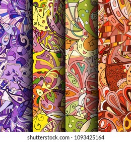 Set of tracery colorful seamless patterns. Vertical stripes. Curved doodling backgrounds for textile or printing with mehndi and ethnic motives. Vector