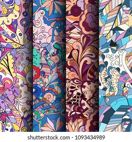 Set of tracery colorful seamless patterns. Vertical stripes. Curved doodling backgrounds for textile or printing with mehndi and ethnic motives. Vector