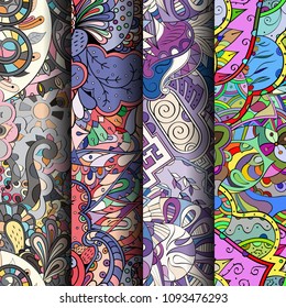Set of tracery colorful seamless patterns. Vertical stripes. Curved doodling backgrounds for textile or printing with mehndi and ethnic motives. Vector