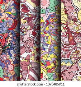 Set of tracery colorful seamless patterns. Vertical stripes. Curved doodling backgrounds for textile or printing with mehndi and ethnic motives. Vector