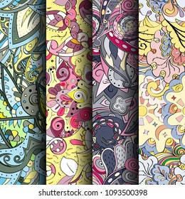 Set of tracery colorful seamless patterns. Vertical stripes. Curved doodling backgrounds for textile or printing with mehndi and ethnic motives. Vector