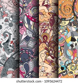 Set of tracery colorful seamless patterns. Vertical stripes. Curved doodling backgrounds for textile or printing with mehndi and ethnic motives. Vector