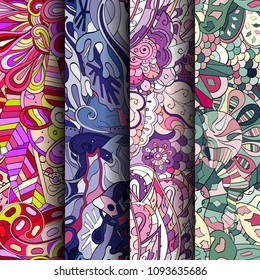 Set of tracery colorful seamless patterns. Vertical stripes. Curved doodling backgrounds for textile or printing with mehndi and ethnic motives. Vector