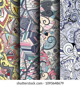 Set of tracery colorful seamless patterns. Vertical stripes. Curved doodling backgrounds for textile or printing with mehndi and ethnic motives. Vector