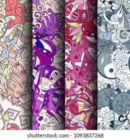 Set of tracery colorful seamless patterns. Vertical stripes. Curved doodling backgrounds for textile or printing with mehndi and ethnic motives. Vector