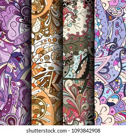 Set of tracery colorful seamless patterns. Vertical stripes. Curved doodling backgrounds for textile or printing with mehndi and ethnic motives. Vector