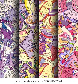 Set of tracery colorful seamless patterns. Vertical stripes. Curved doodling backgrounds for textile or printing with mehndi and ethnic motives. Vector