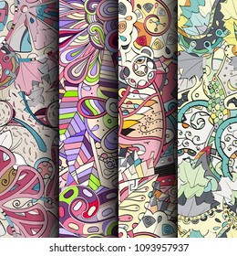 Set of tracery colorful seamless patterns. Vertical stripes. Curved doodling backgrounds for textile or printing with mehndi and ethnic motives. Vector