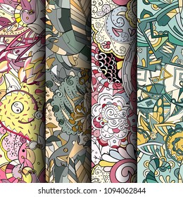 Set of tracery colorful seamless patterns. Vertical stripes. Curved doodling backgrounds for textile or printing with mehndi and ethnic motives. Vector