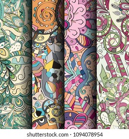 Set of tracery colorful seamless patterns. Vertical stripes. Curved doodling backgrounds for textile or printing with mehndi and ethnic motives. Vector