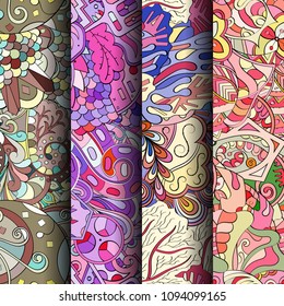 Set of tracery colorful seamless patterns. Vertical stripes. Curved doodling backgrounds for textile or printing with mehndi and ethnic motives. Vector