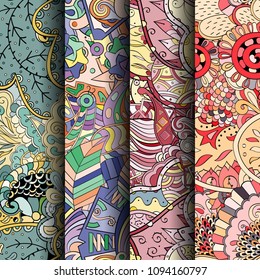 Set of tracery colorful seamless patterns. Vertical stripes. Curved doodling backgrounds for textile or printing with mehndi and ethnic motives. Vector