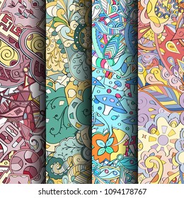 Set of tracery colorful seamless patterns. Vertical stripes. Curved doodling backgrounds for textile or printing with mehndi and ethnic motives. Vector