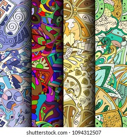 Set of tracery colorful seamless patterns. Vertical stripes. Curved doodling backgrounds for textile or printing with mehndi and ethnic motives. Vector