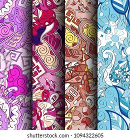 Set of tracery colorful seamless patterns. Vertical stripes. Curved doodling backgrounds for textile or printing with mehndi and ethnic motives. Vector